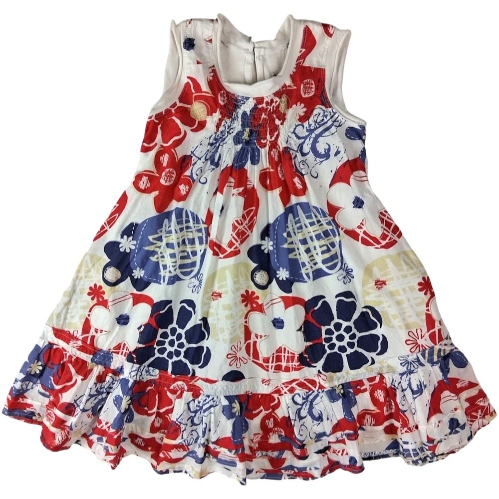 Duex Par Duex Girls Sz 5 Sleeveless Pop Art Flower Dress Red White Blue Cotton